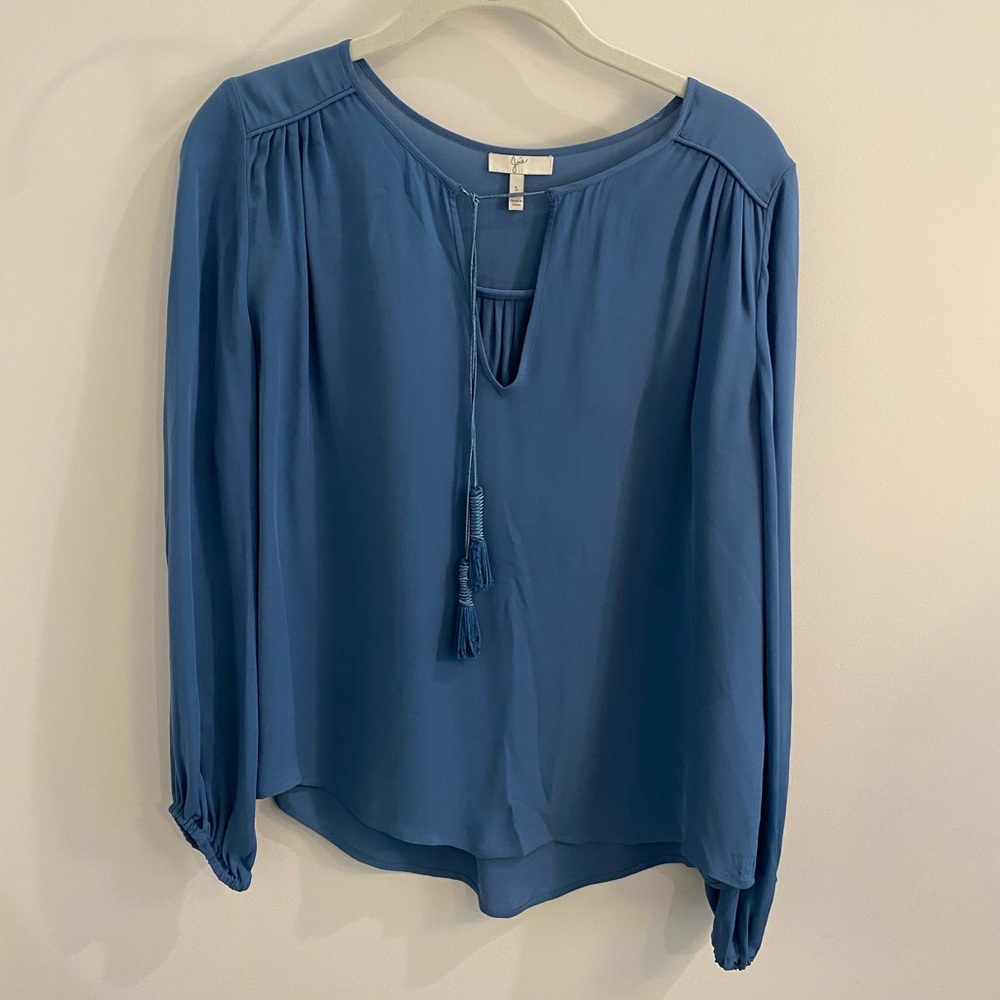 Blue Silk Peasant Blouse with Tassel Detail | Joie